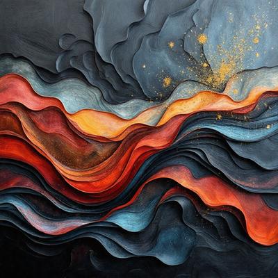 The primary subject of the image is a painting featuring a mountainous landscape with a mix of red, blue, and orange colors. The setting is a black background, which contrasts with the vibrant colors of the painting. The visual style appears to be a combination of digital art and illustration, creating a dynamic and engaging scene. The dominant colors in the painting are red, blue, and orange, which contribute to a lively and energetic atmosphere.